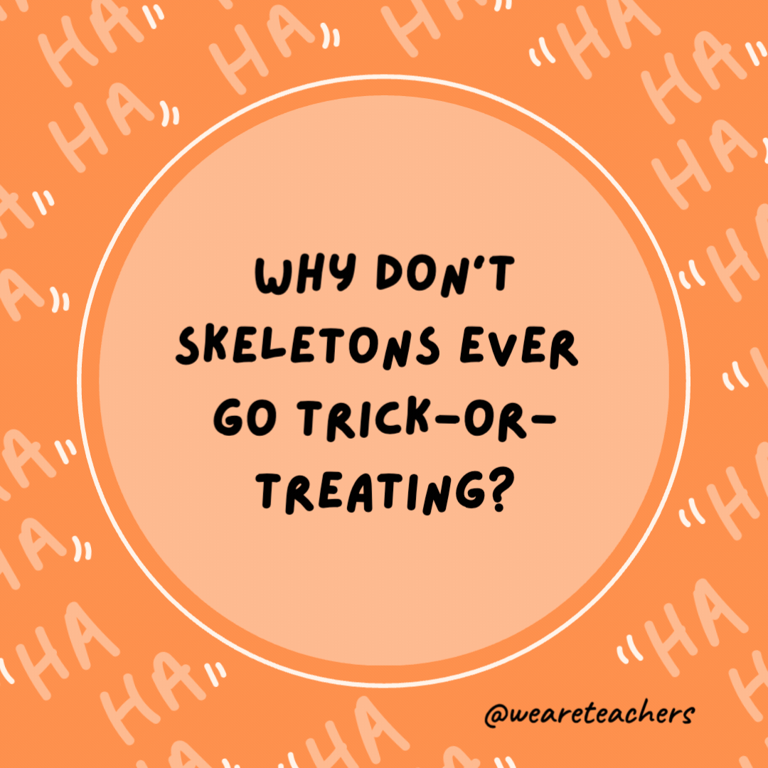 Why don’t skeletons ever go trick-or-treating?

Because they have no body to go with.