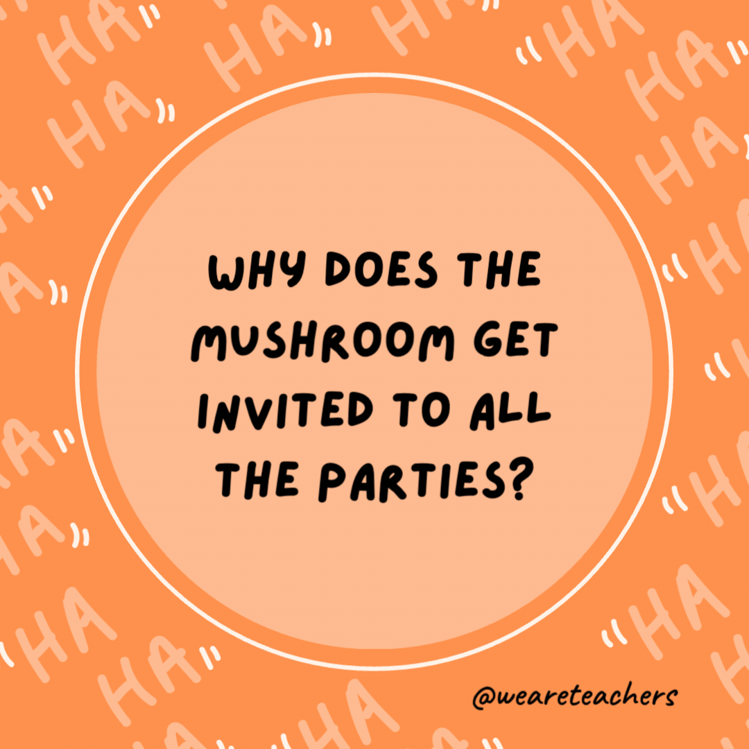 Why does the mushroom get invited to all the parties?

Because he's such a fungi.- dad jokes for kids