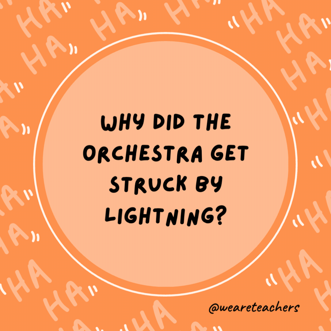 Why did the orchestra get struck by lightning?

It had a conductor.