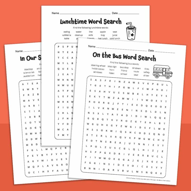 school word search, lunchtime word search, bus word search