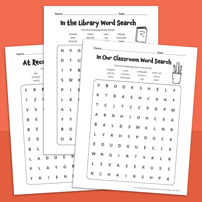 Recess Word Search, Library Word Search, Classroom Word Search