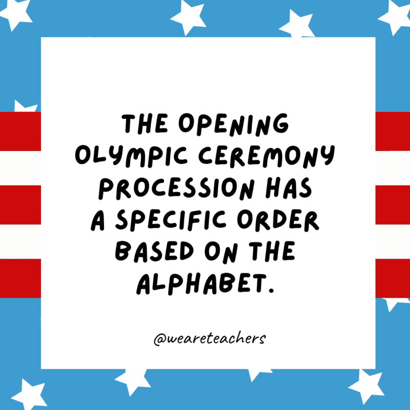 Olympics facts for kids: The Opening Olympic Ceremony procession has a specific order based on the alphabet.