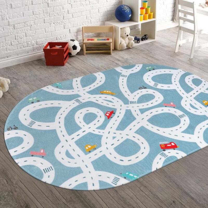An oval rug has white roadways all over it with a few cars. The background is blue in this example of classroom rugs.