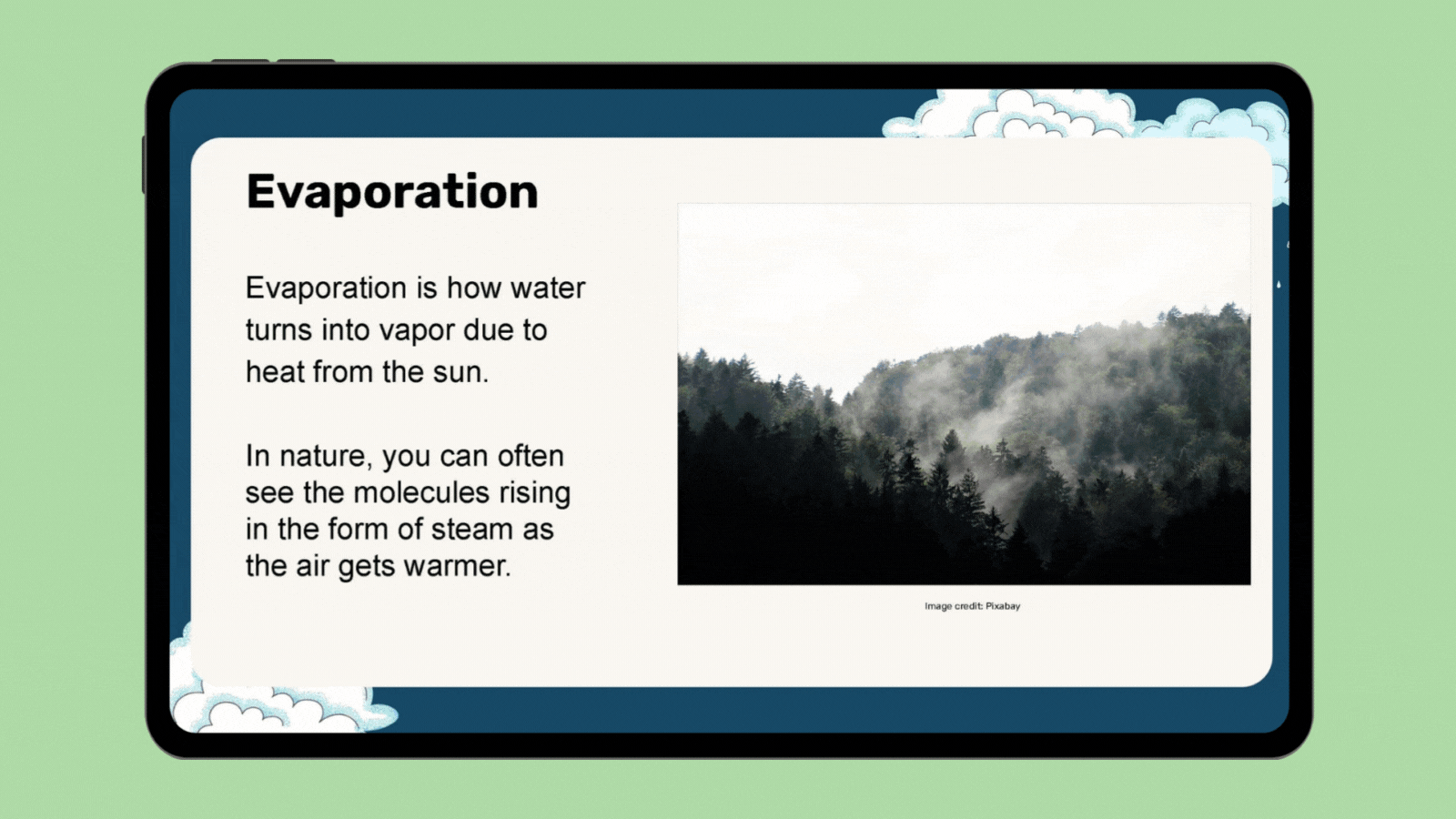 Tablet featuring slides about the water cycle for kids.