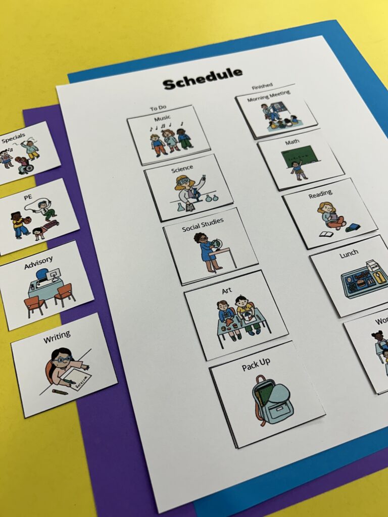 Binder visual schedule on colorful background.