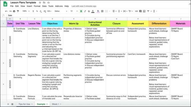 Google Sheets template for high school lesson planning