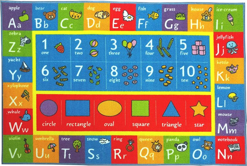 A rug has numbers and letters on it and is primary colors.