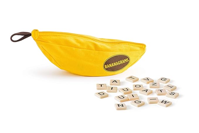 bananagrams game with banana shaped bag and letter cards 