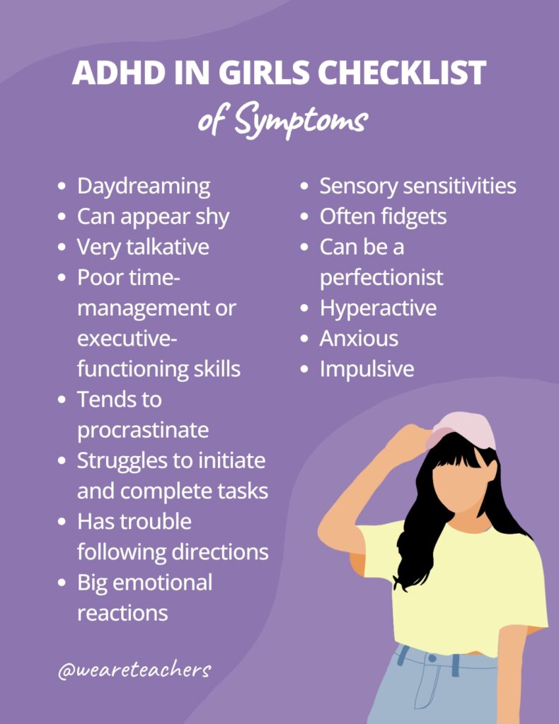 Checklist of symptoms of ADHD in girls with illustration of a girl.