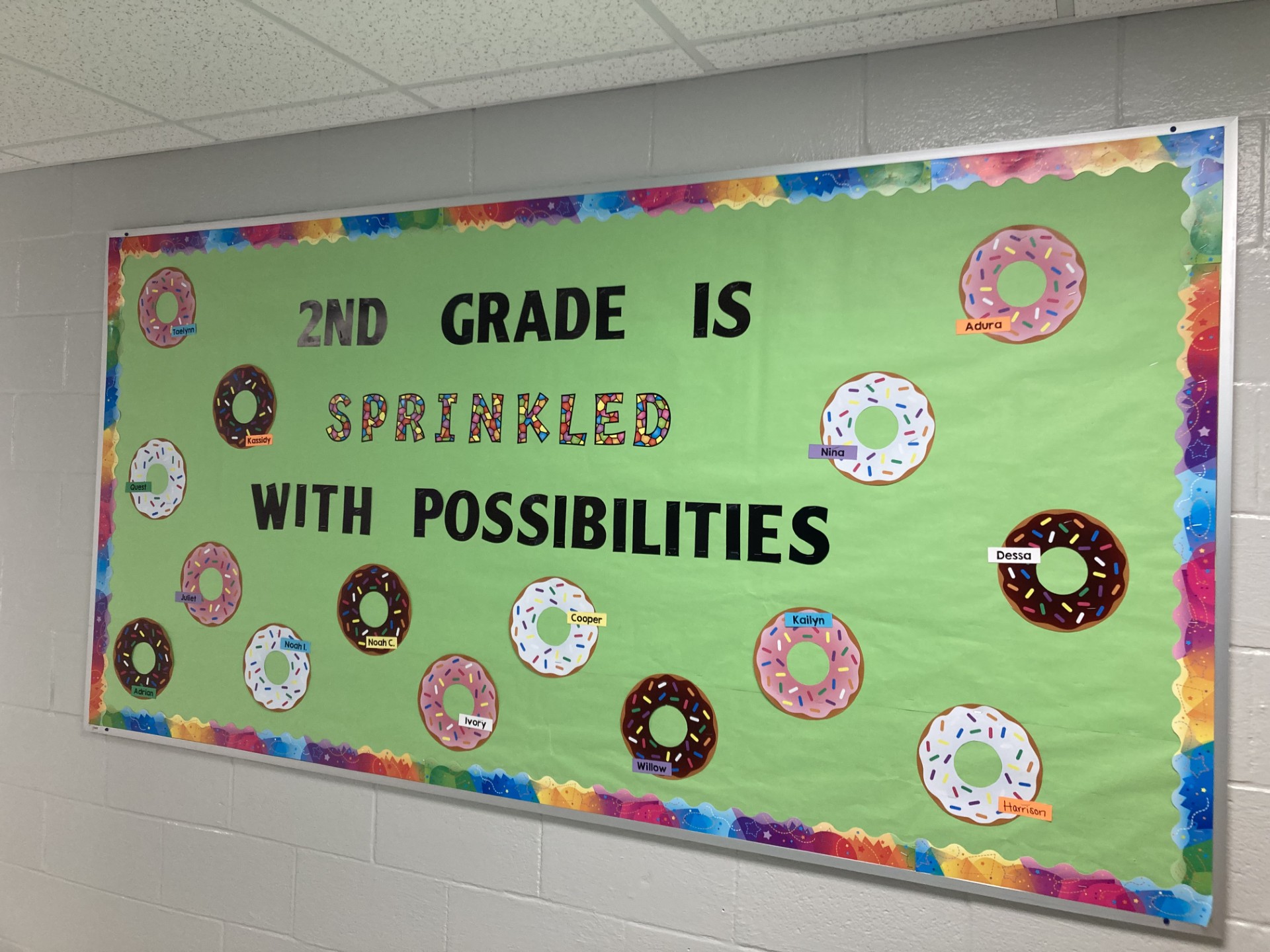 A bulletin board says 2nd grade is sprinkled with possibilities. It has donuts with sprinkles on them throughout.
