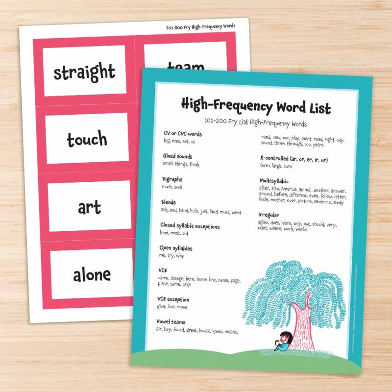 Printable high frequency words list and sheet of cards.