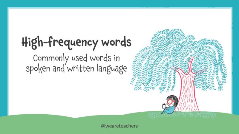 Definition of high frequency words with illustration of child reading under a tree.