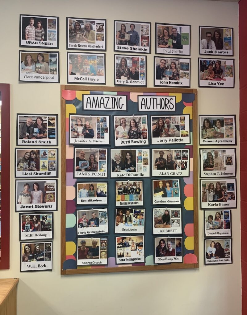 A bulletin board says Amazing Authors and has photos and descriptions of different authors.