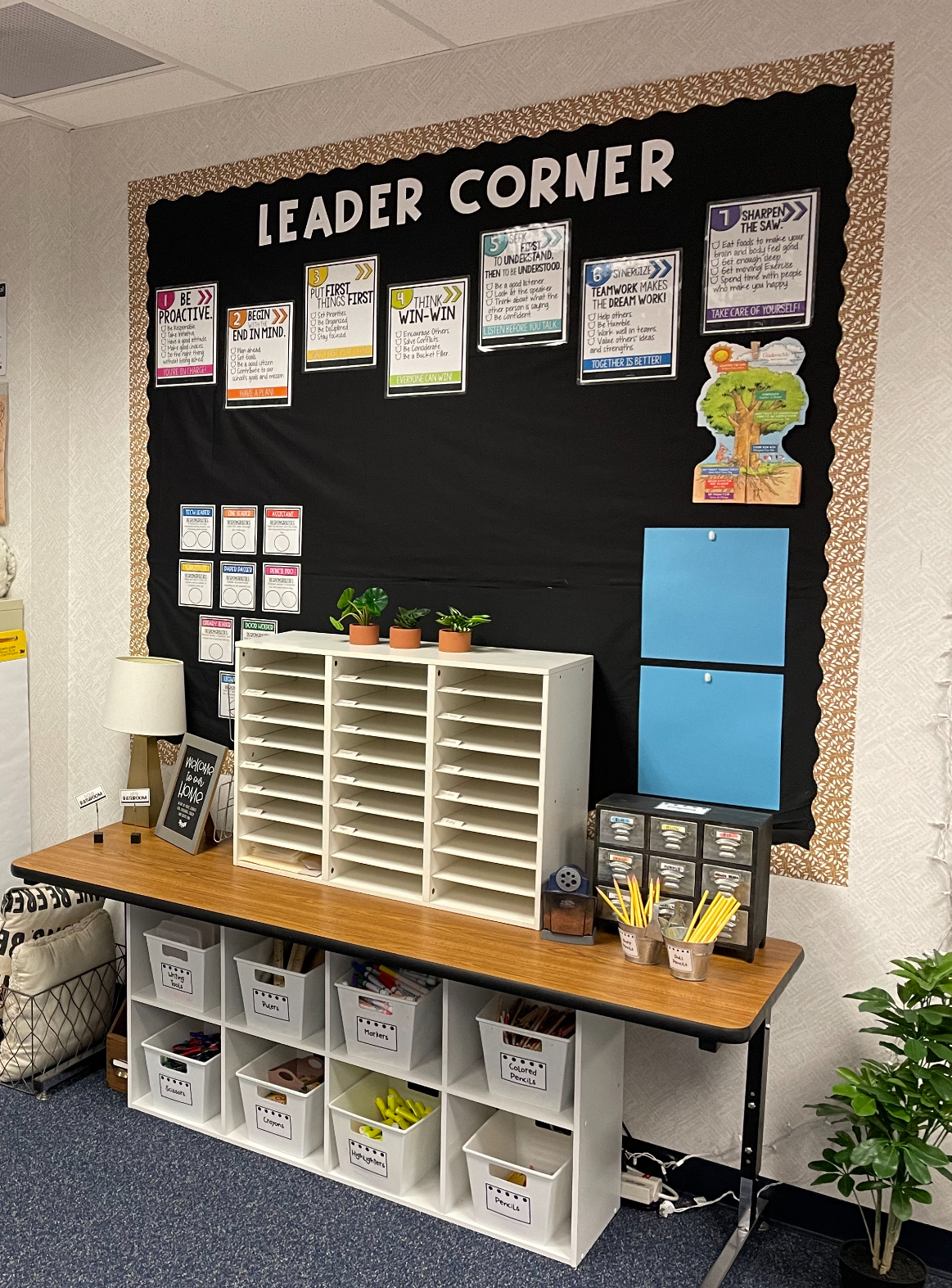 A bulletin board says Leader Corner at the top and has various papers on what makes a leader underneath.