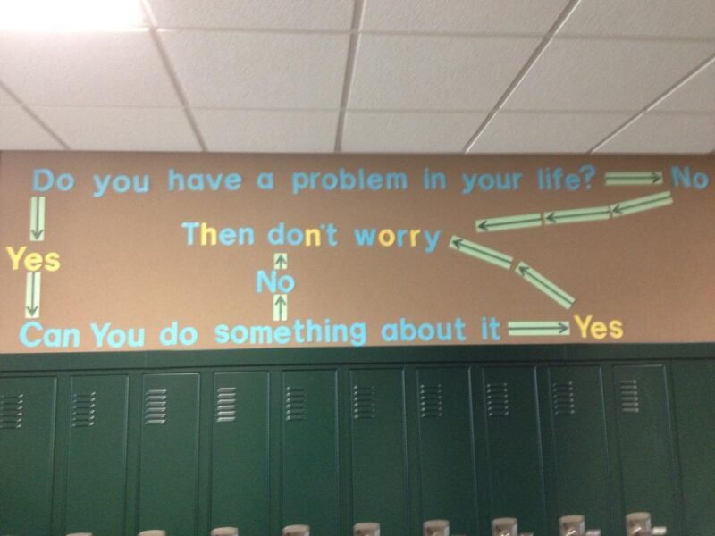 A simple bulletin board above a row of lockers asks if you have a problem with your life and then a pathway for yes and no questions.