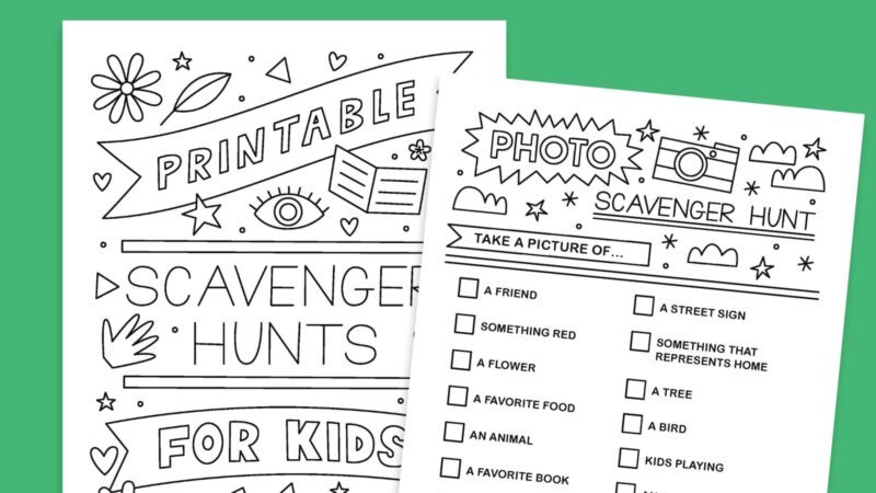 Free printable scavenger hunts for kids pages, including a cover page and a photo hunt