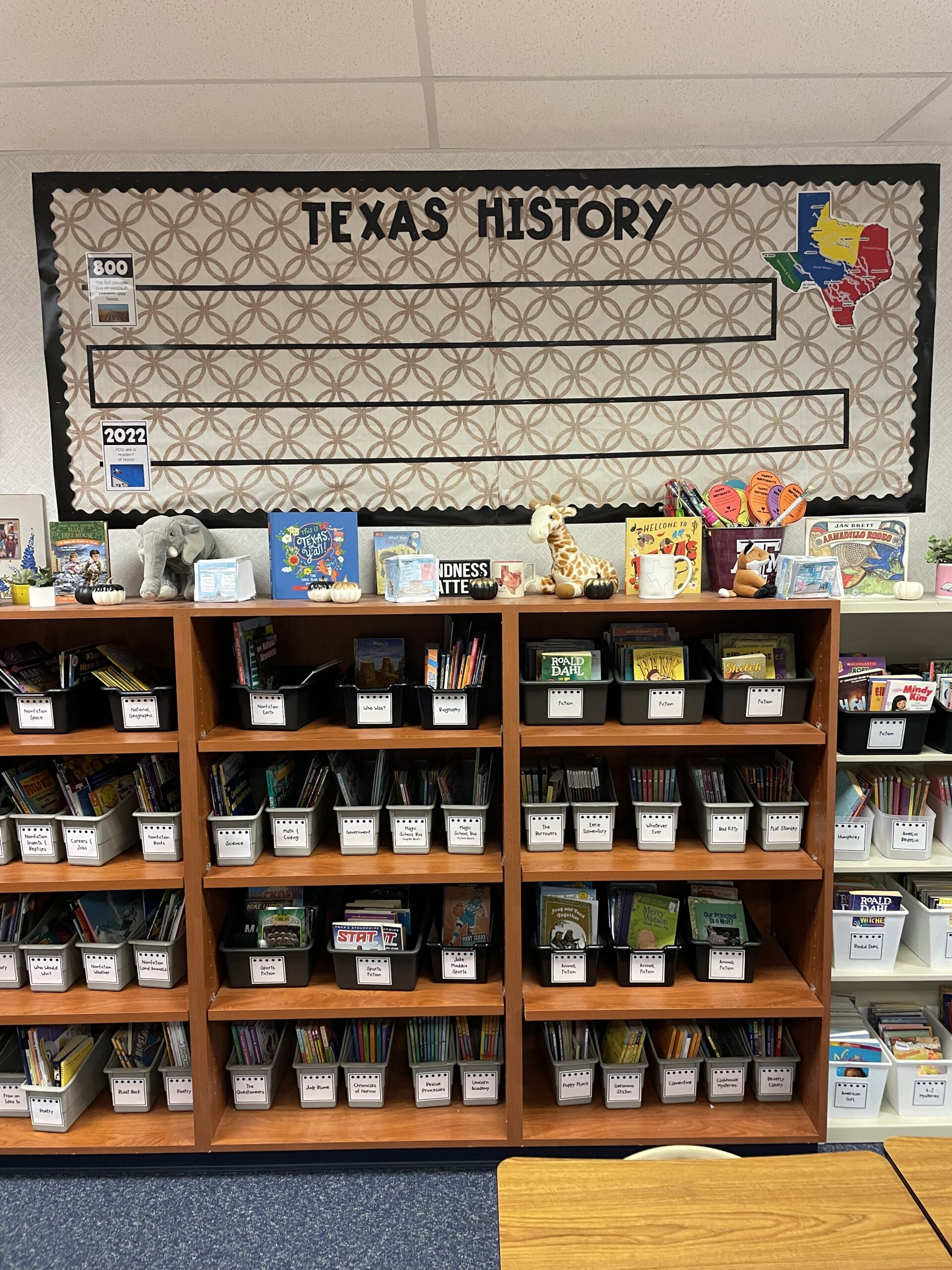 A bulletin board says Texas History and starts at one date and ends with current date. Books about the state are seen underneath on a table.