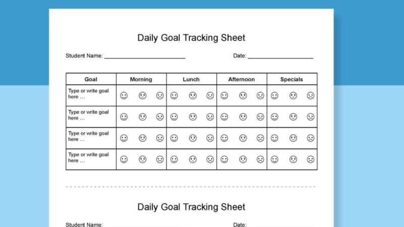goal tracker with smiley faces to indicate if the student met their goal 