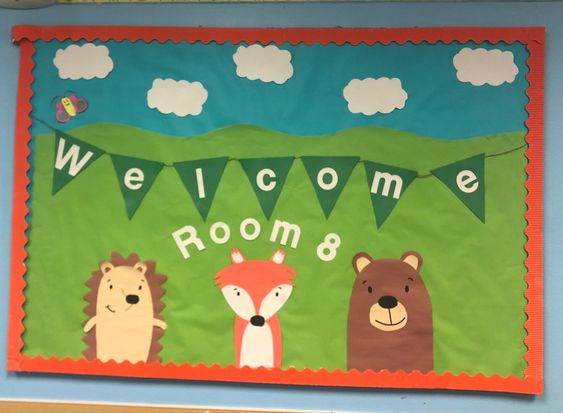 Three cute little animals are featured on a bulletin board that says Welcome Room 8.
