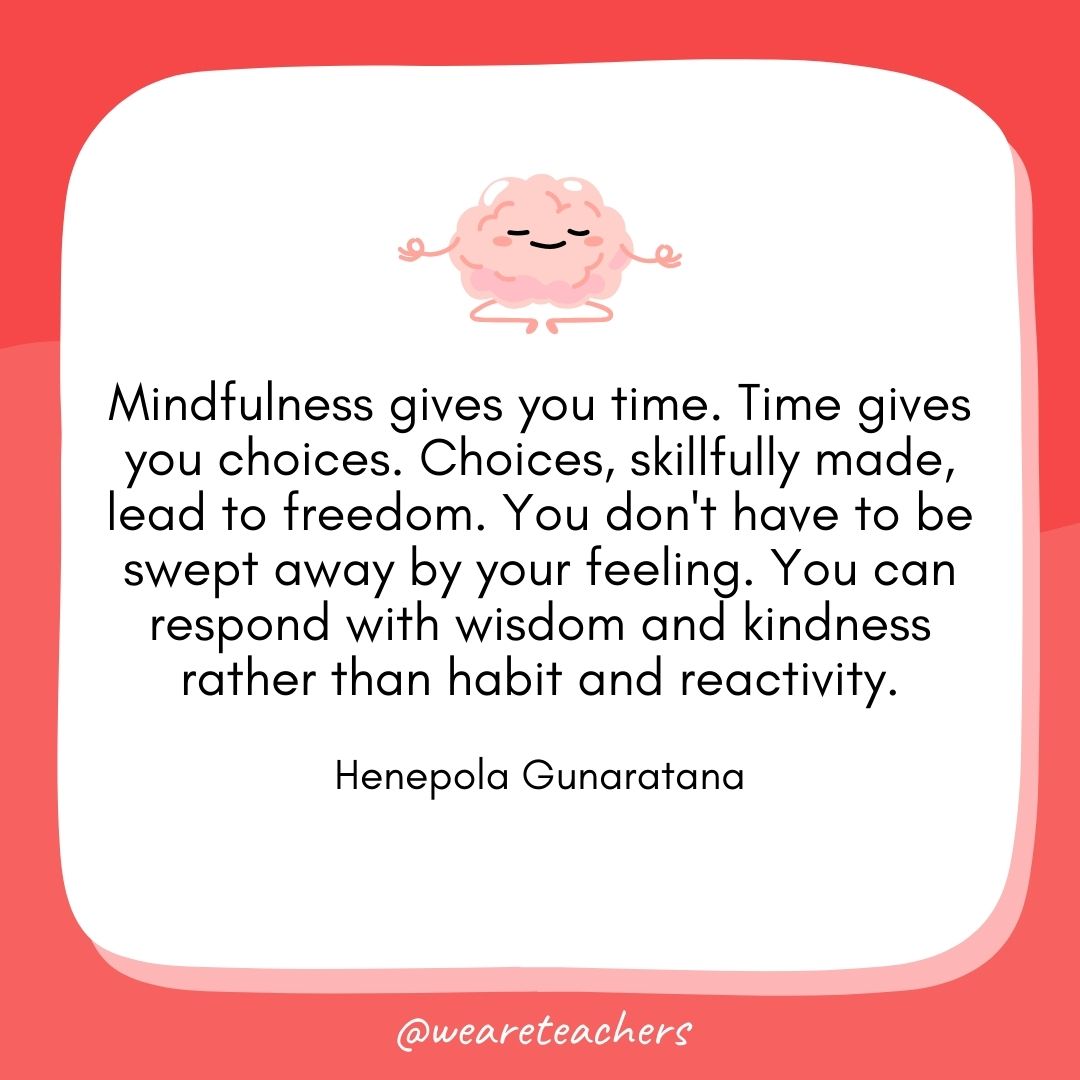 Mindfulness gives you time. Time gives you choices. Choices, skillfully made, lead to freedom. You don't have to be swept away by your feeling. You can respond with wisdom and kindness rather than habit and reactivity.