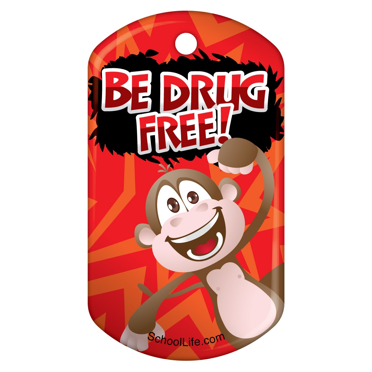 Brag/reward tag shows a monkey on a red background. Text reads Be Drug Free