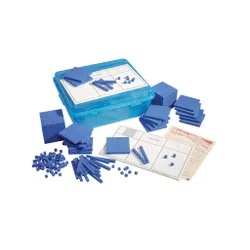 A blue bin beside stack of blue plastic base ten math manipulatives for the classroom