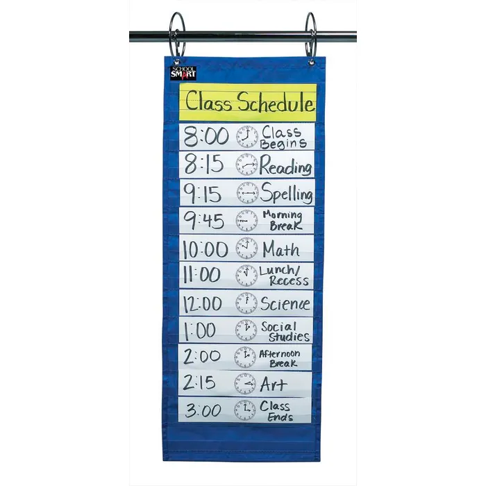 A class schedule pocket chart with paper strips inserted with times and activities