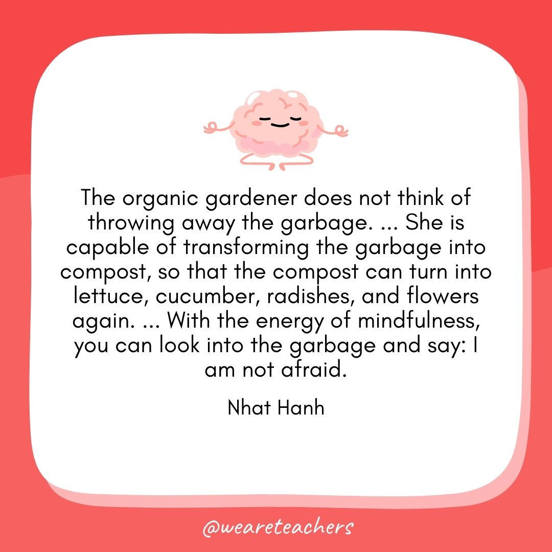 The organic gardener does not think of throwing away the garbage. ... She is capable of transforming the garbage into compost, so that the compost can turn into lettuce, cucumber, radishes, and flowers again. ... With the energy of mindfulness, you can look into the garbage and say: I am not afraid. 