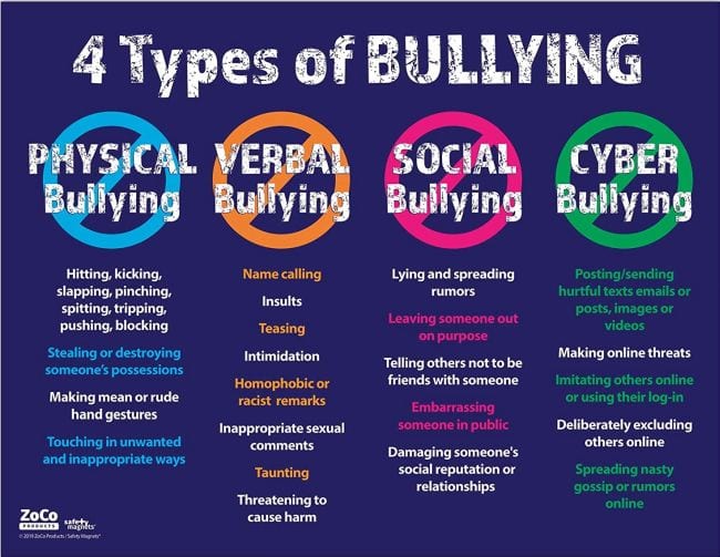 4 Types of Bullying poster with descriptions of physical, verbal, social, and cyber bullying