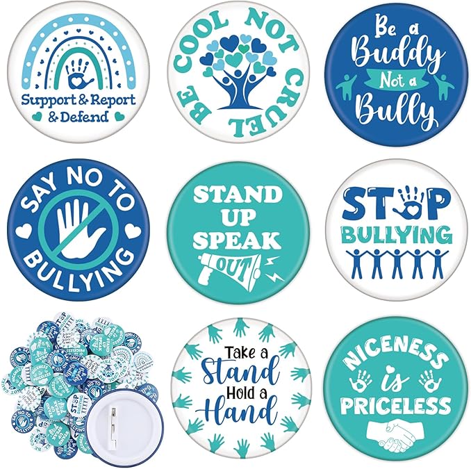 Collection of 8 different anti-bullying badge pins with various messages