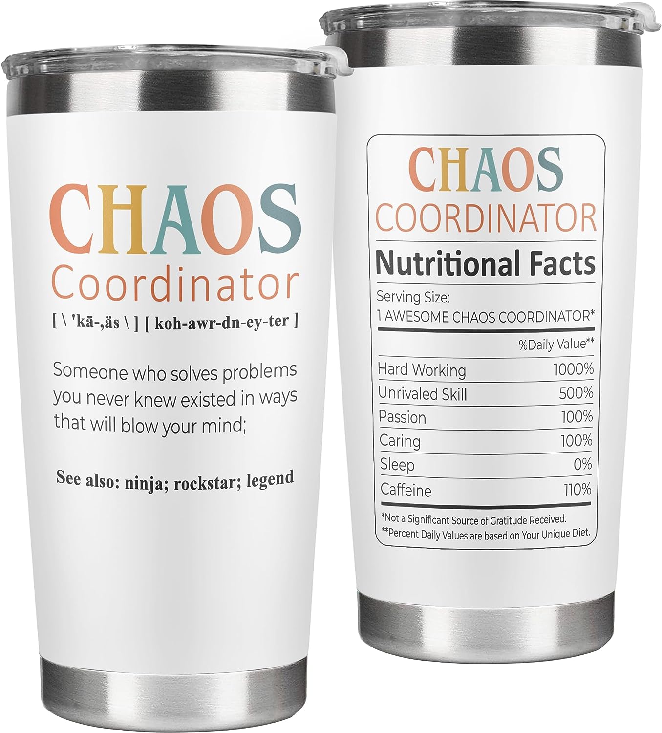 Insulated mug reading Chaos Coordinator