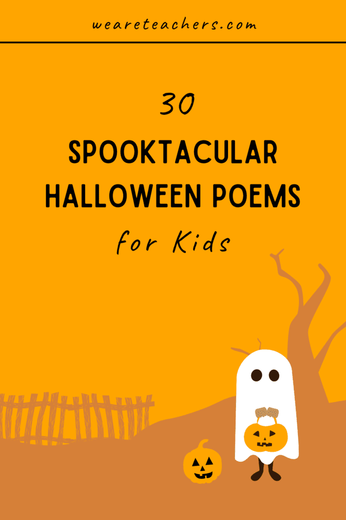 A little ghost stands in front of an orange background and the title 30 spooktacular poems for kids