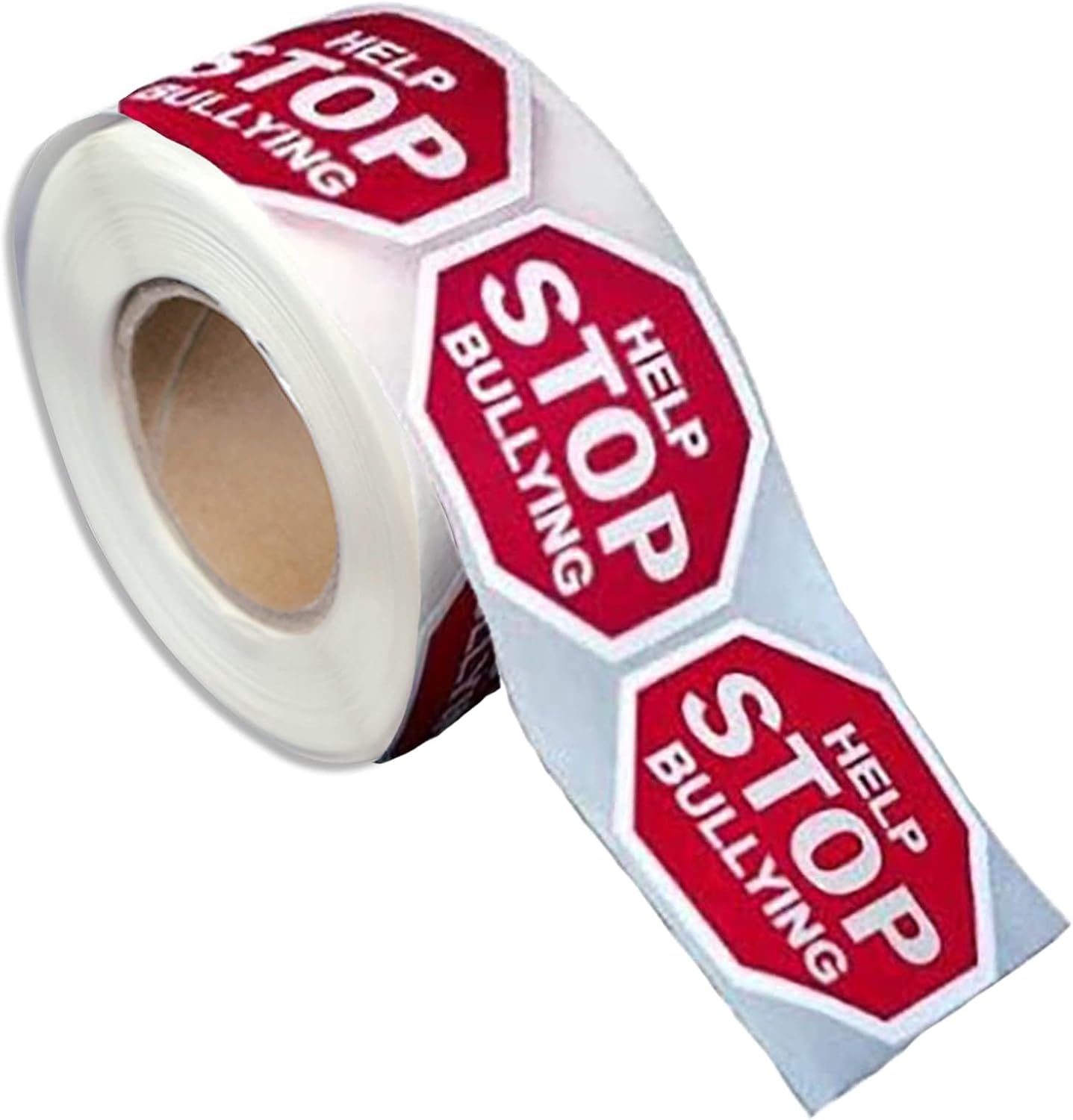 Roll of stickers shaped like stop signs with message reading Help Stop Bullying