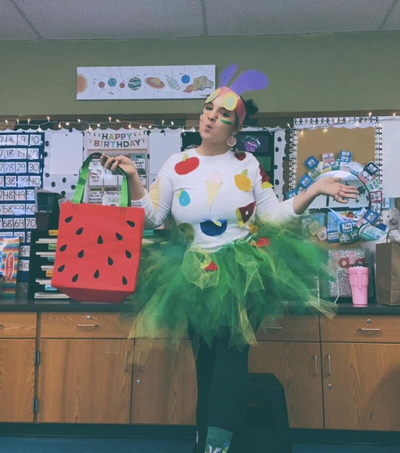 Teacher dressed as the Very Hungry Caterpillar for Halloween