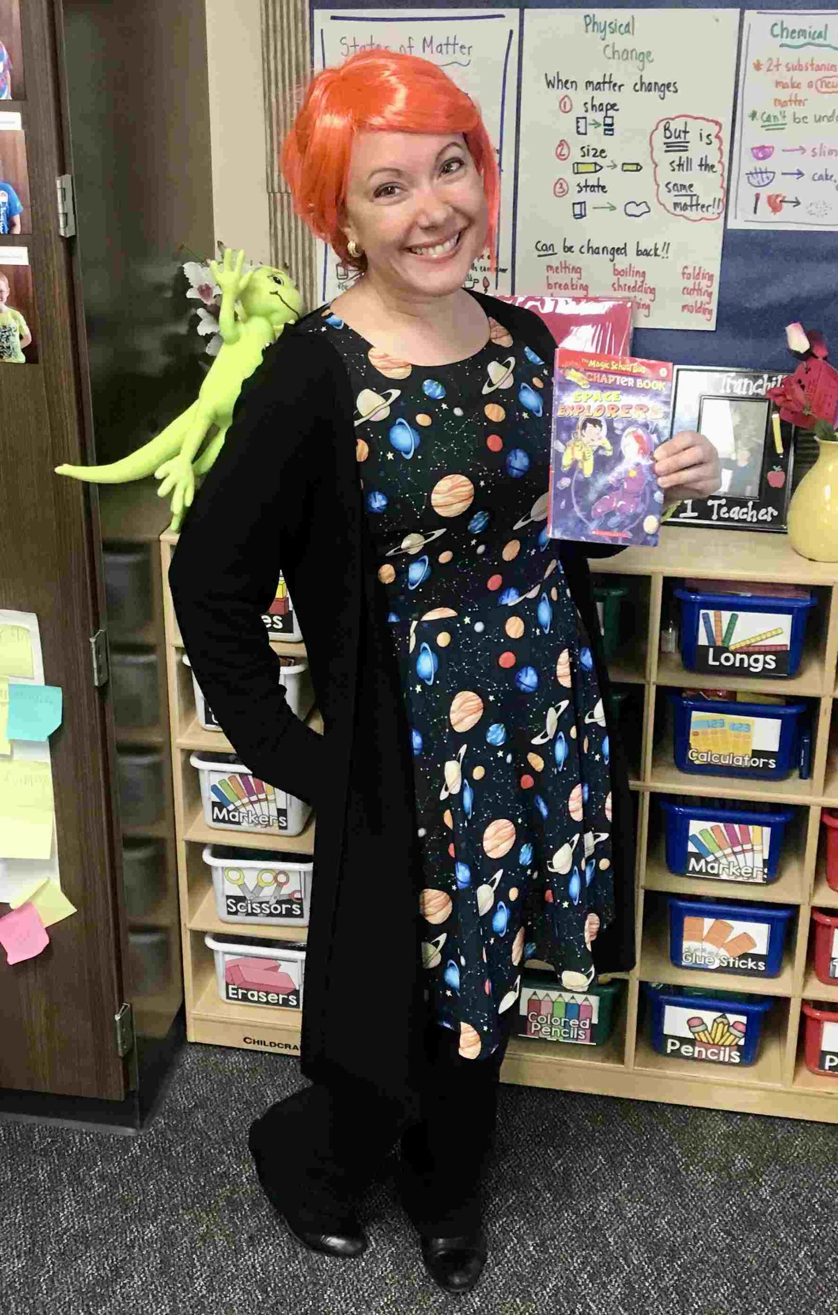 Teacher dressed in a Ms. Frizzle book character costume