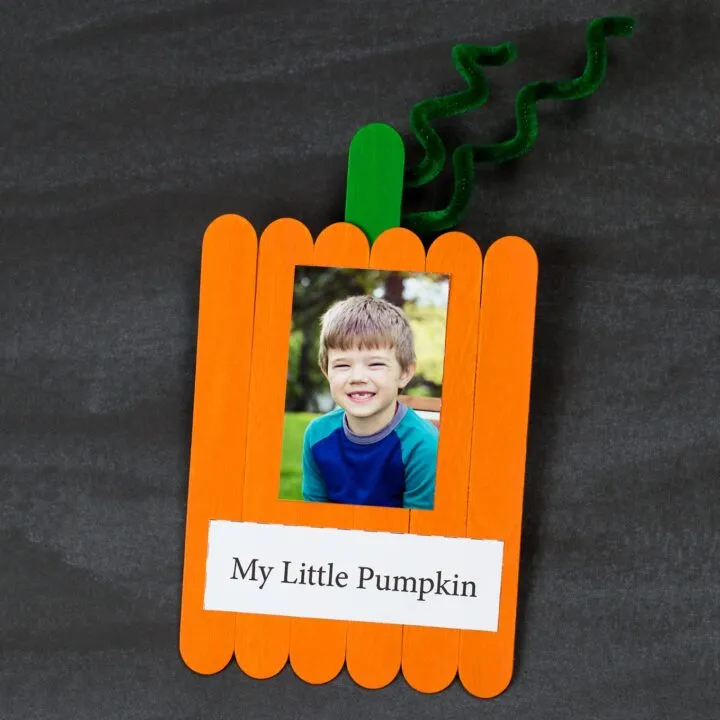 Fall art projects like this one shows six orange popsicle sticks are glued together and a green one is in the back for a stem. A picture of a little boy is glued on it and the words 