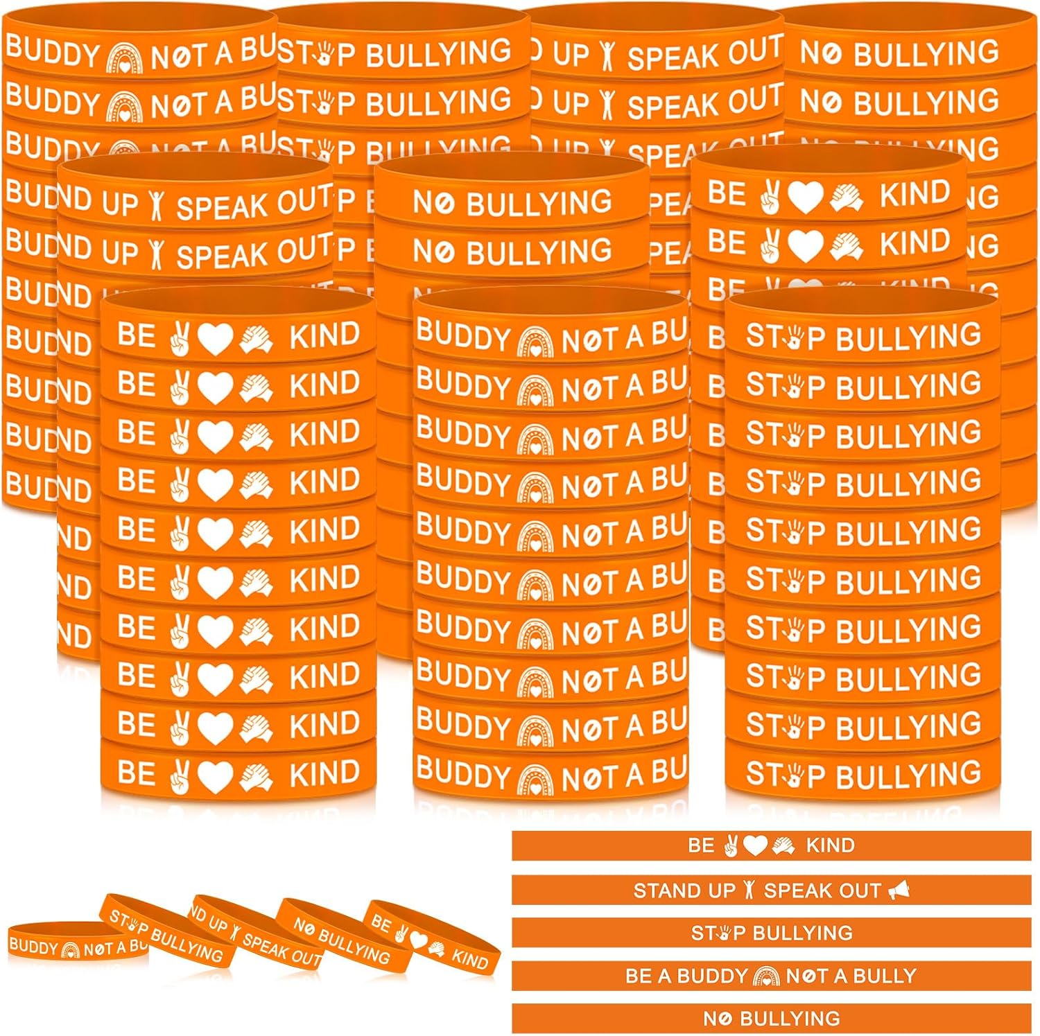 Bright orange rubber bracelets with anti-bullying messages