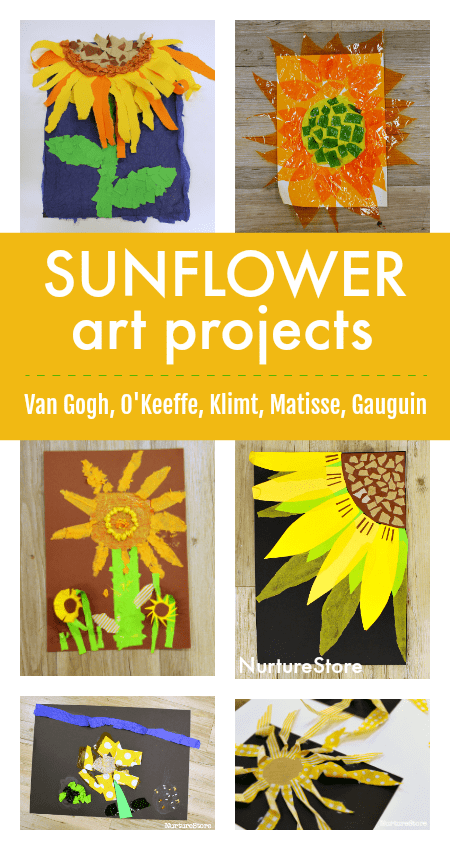 Six sunflower pictures are examples of fall art projects. They are pieced together as collages made from tissue paper and other materials. Text reads 