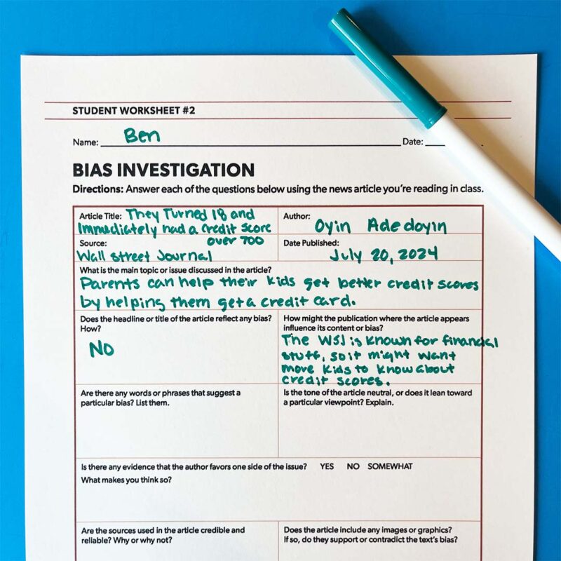 Image of a Bias Investigation worksheet from the Article of the Week activity bundle