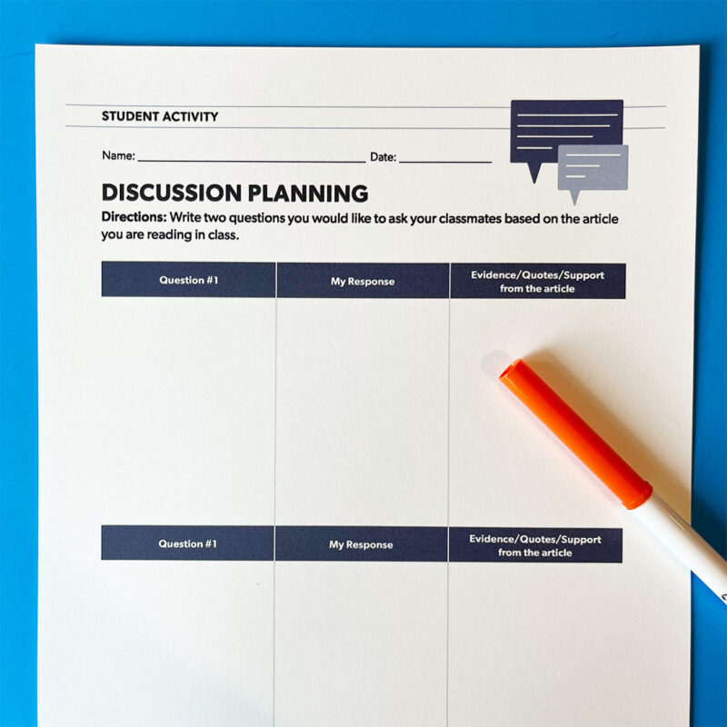 Image of the Discussion Planning activity in the Article of the Week activity bundle