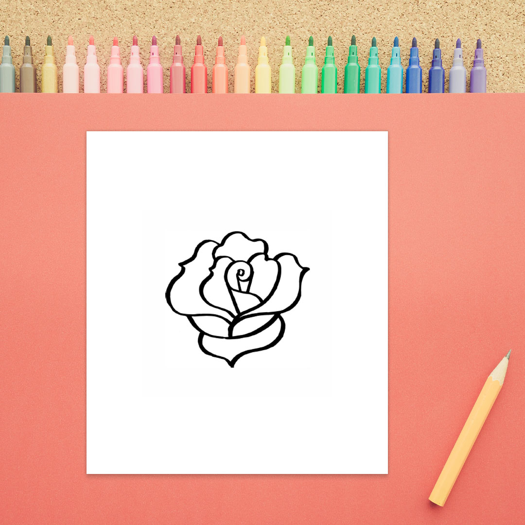 How to Draw a Rose 4 with rose at the top and shows a step underneath in black marker on white paper.