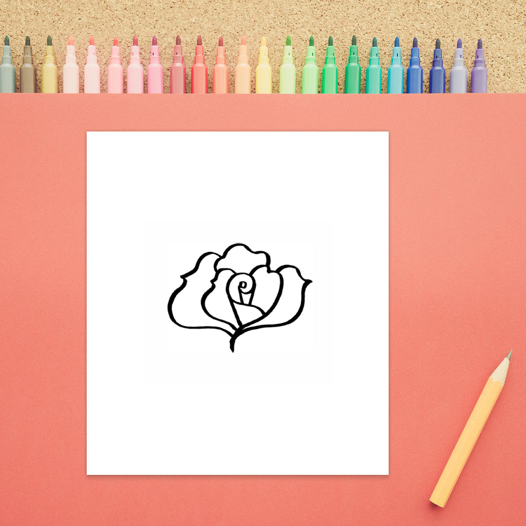 How to Draw a Rose 3 with rose at the top and shows a step underneath in black marker on white paper.