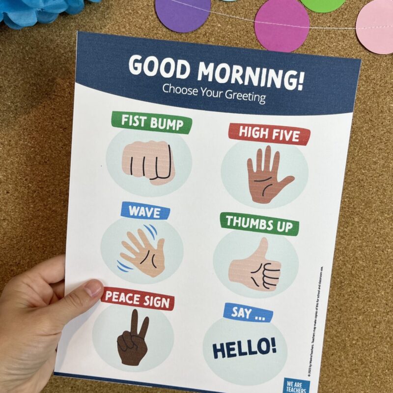 good morning greeting poster with different ways to greet at the door for social-emotional learning activities