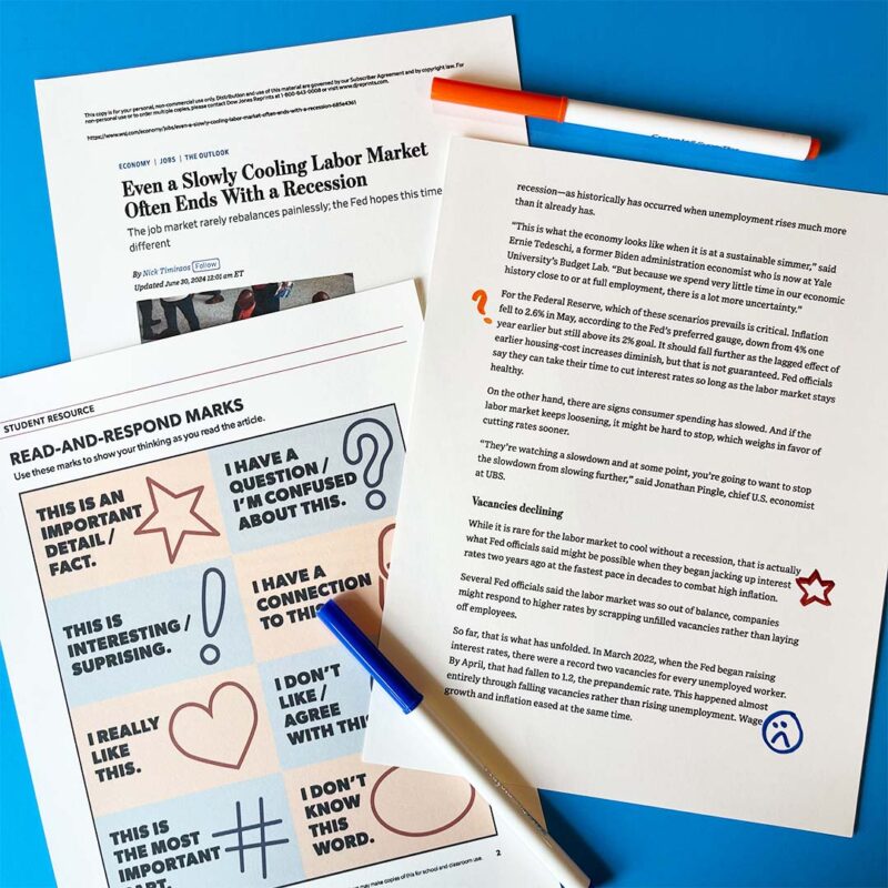 Images of a Wall Street Journal newspaper article and the Read-and-Respond poster from the Article of the Week resource bundle