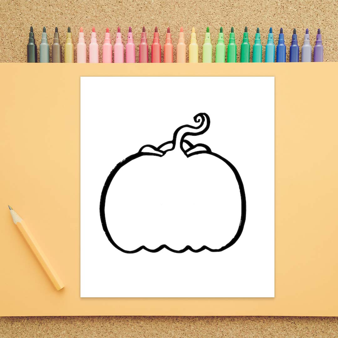 The outside of a pumpkin is drawn with black marker on a white background.