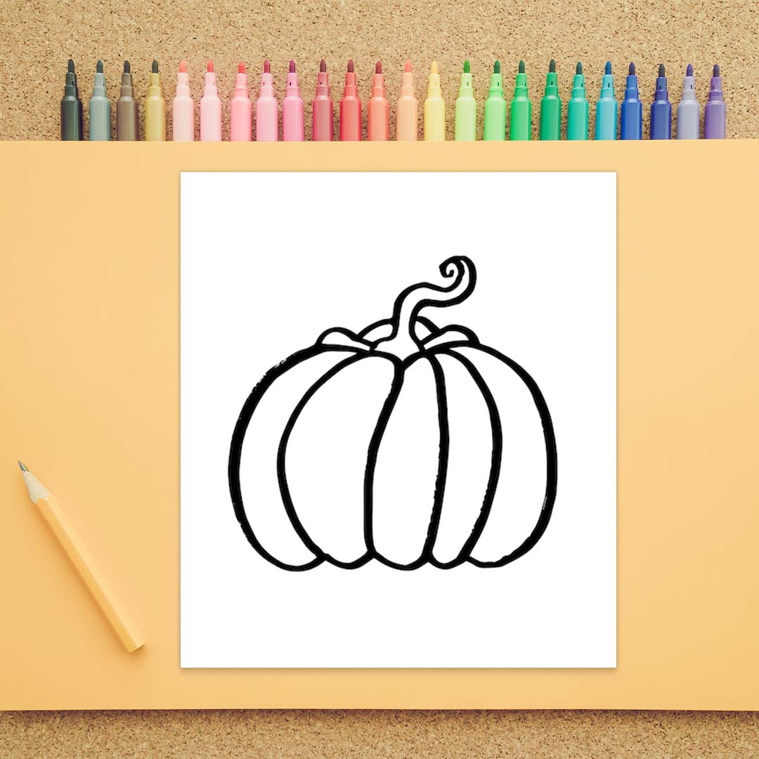 The outside of a pumpkin is drawn as well as curved lines inside the pumpkin. It is a simple black line drawing on a white background.