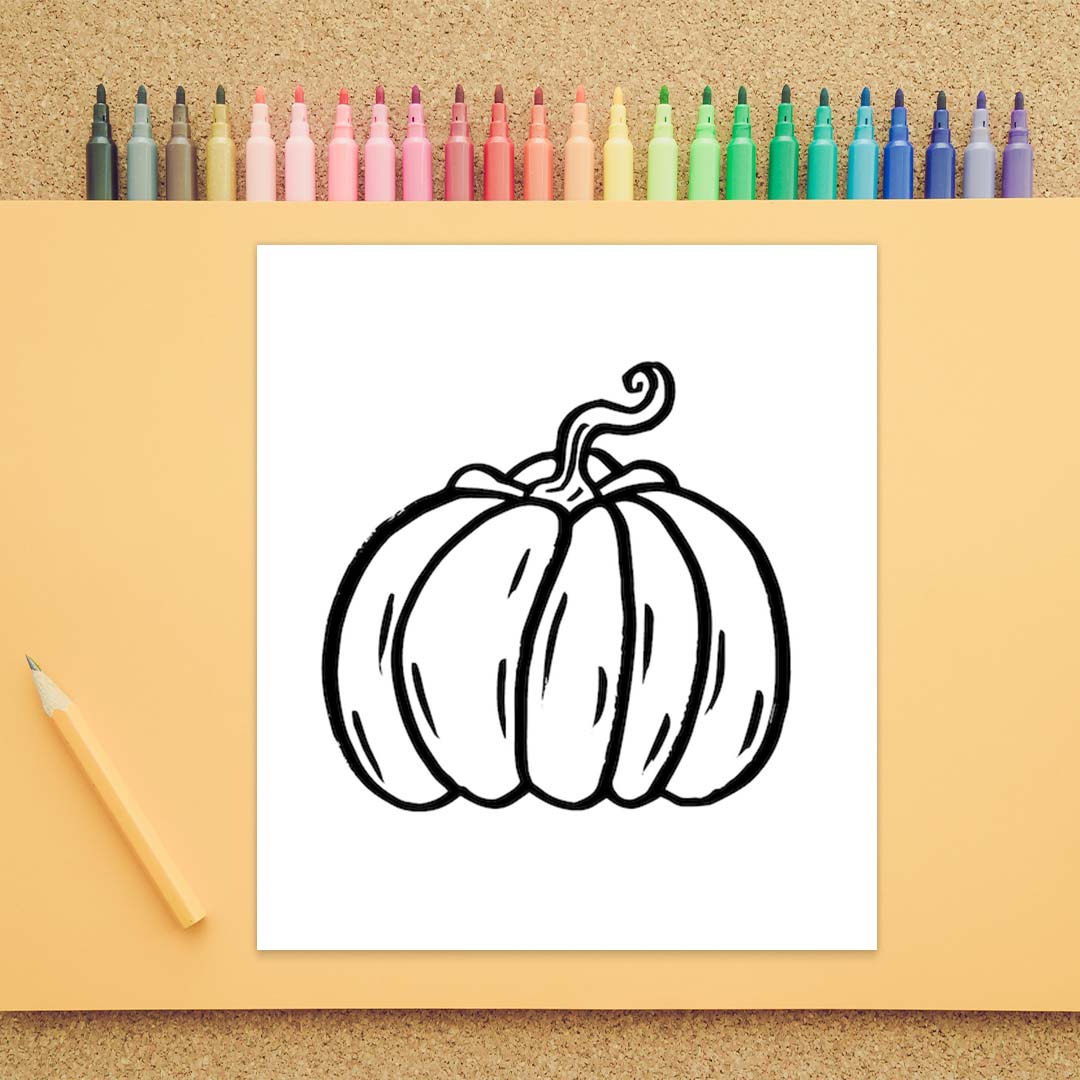 The outside of a pumpkin is drawn as well as curved lines inside the pumpkin. It is a simple black line drawing on a white background. There are small black lines drawn throughout the inside of the pumpkin as well that are meant to show texture.