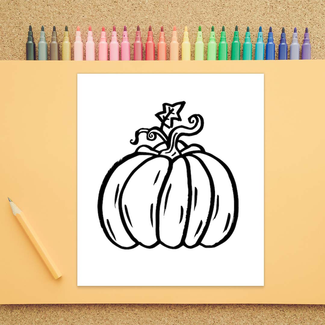 The outside of a pumpkin including a stem and leaves is drawn as well as curved lines inside the pumpkin. There are also small black markings inside the pumpkin that are meant to show texture. It is a simple black line drawing on a white background.