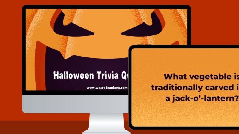 Computer and table screens featuring Google Slides with Halloween trivia questions.