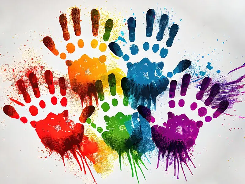 Colorful handprints displayed on a wall